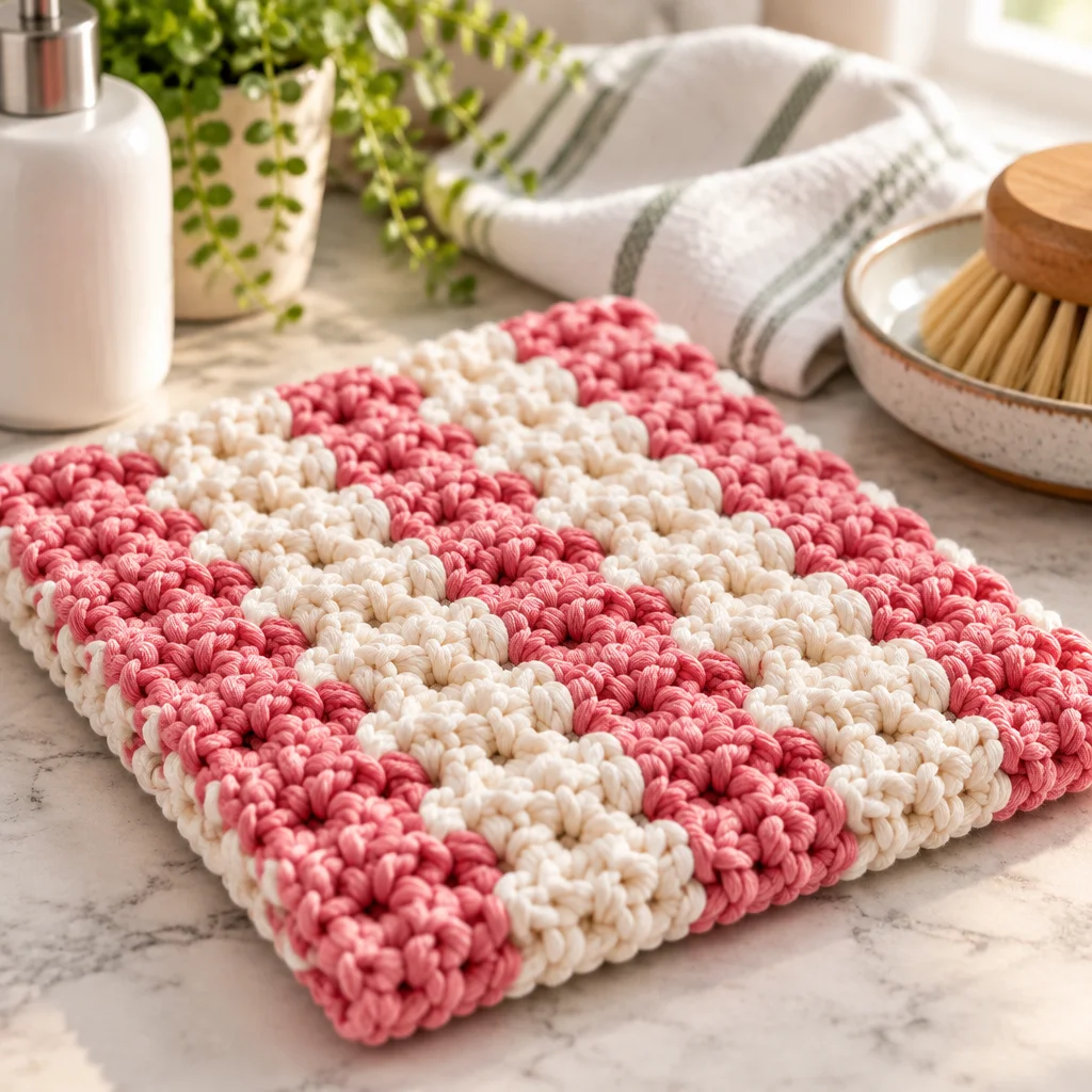 Easy crochet dishcloth pattern in vibrant colors perfect for kitchen use.